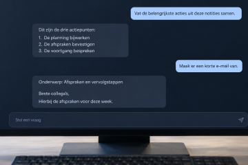 Beeldscherm met een AI-voorbeeldgesprek over actiepunten en een e-mail