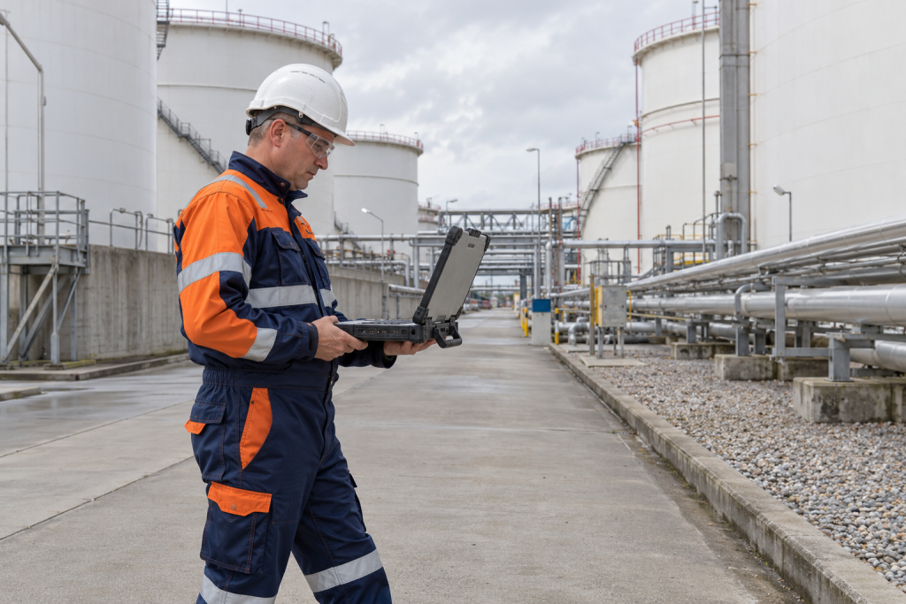 Medewerker gebruikt een robuuste laptop tussen opslagtanks en leidingen